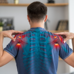 Man experiencing shoulder pain with highlighted areas of discomfort
