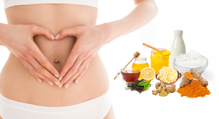A woman holding her abdomen in a heart shape, with Ayurvedic remedies like turmeric, honey, ginger, and probiotic-rich foods like yogurt, symbolizing natural healing for navel displacement.