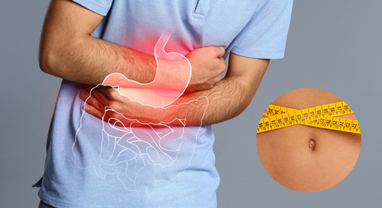 Man clutching his stomach in pain with a highlighted digestive system, indicating abdominal discomfort or digestive issues. Inset image of a belly with a measuring tape around it, possibly representing navel displacement or digestive imbalance.