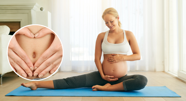 Pregnant woman sitting on a yoga mat gently holding her belly while smiling, symbolizing prenatal care and wellness. Inset image shows hands forming a heart over a pregnant belly, highlighting love and connection during pregnancy.