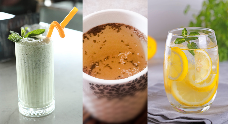Three natural digestive drinks placed side by side — a mint buttermilk, ajwain (carom seed) water in a cup, and a refreshing glass of lemon water with mint — commonly used for improving gut health and relieving bloating.