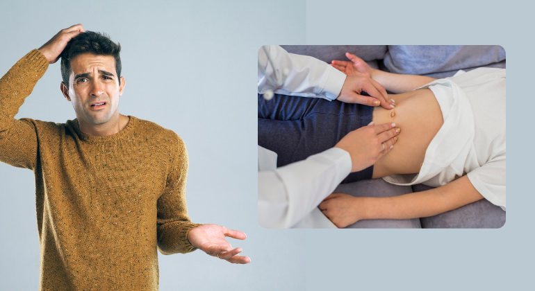 Confused man scratching his head, possibly unsure about his abdominal symptoms. Inset image shows a healthcare professional examining a person's abdomen, indicating a medical check for stomach pain or navel displacement.