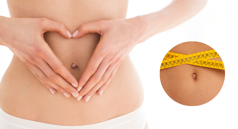 A close-up of a woman's abdomen with hands forming a heart shape around the navel, symbolizing digestive health and core wellness. The inset image features a measuring tape around the navel, possibly indicating weight management or abdominal alignment.