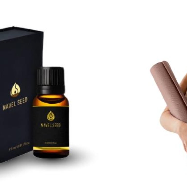 Woman holding a yoga mat and giving a thumbs up next to a bottle and box of navel seed oil, promoting wellness and daily self-care
