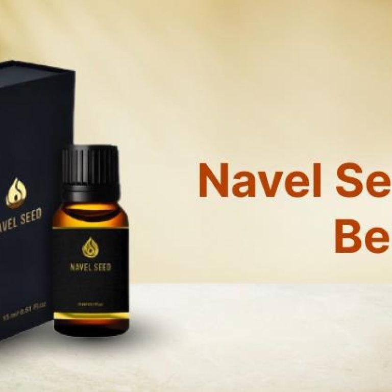Bottle and packaging of navel seed oil placed on a table with the text 'Navel Seed Oil Benefits' in the background